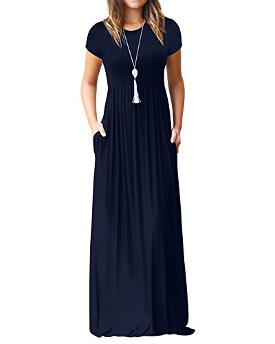 Kidsform Maxi Kleid Damen Casual Sommerkleid Kurzarm Lange Kleid Mit Tasche Lose Strandkleider HoheTaille A-Navy 2XL von Kidsform