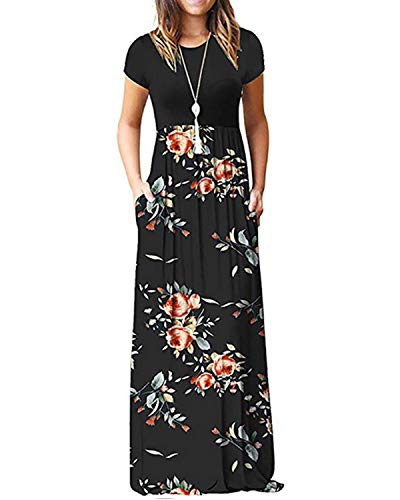 Kidsform Maxi Kleid Damen Casual Sommerkleid Blumen Kurzarm Lange Kleid Mit Tasche Lose Strandkleider HoheTaille B-Blumen 3 M von Kidsform