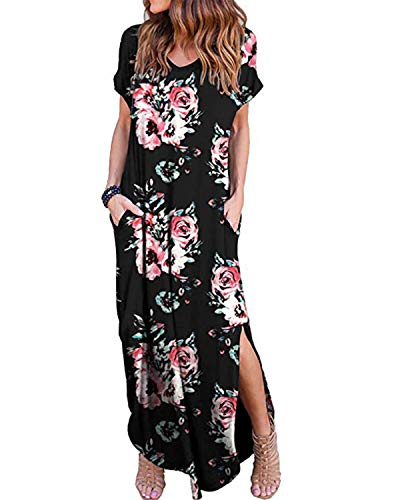 Kidsform Maxikleider Damen Sommerkleid Lang Kurzarm Strandkleider Kleid V-Ausschnitt Mit Taschen B3-Blumenmuster XXL von Kidsform