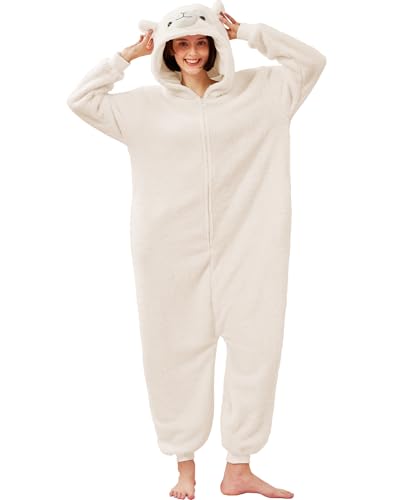 Kidukso Alpaka Strampler Pyjamas Niedliche Alpaka Nachtwäsche Erwachsene Tier Pyjamas Halloween Weihnachten Karneval Kostüm, Beige S von Kidukso