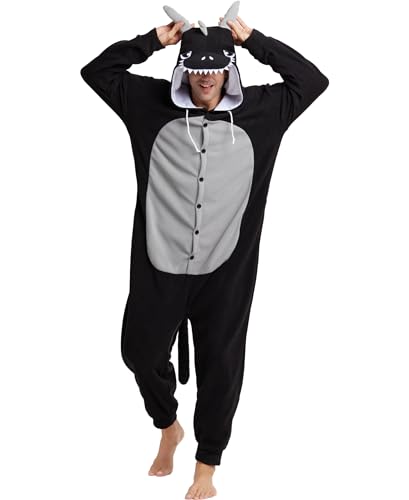 Kidukso Drache Onesie Einteiler Tier Dinosaurier Kostüm Erwachsene Pyjamas Halloween Weihnachten Cosplay Frauen Männer Schwarz XL von Kidukso