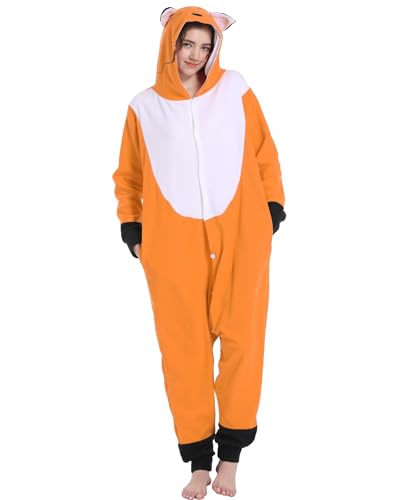 Kidukso Erwachsene Fuchs Kostüm Tier Fuchs Onesie Pyjamas Halloween Weihnachten Cosplay Einteiler für Frauen Männer Dunkelgelb M von Kidukso