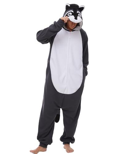 Kidukso Erwachsene Waschbär Jumpsuit Lustiges Tier Einteiler Schlafanzug Halloween Karneval Cosplay Kostüm, Grau L von Kidukso