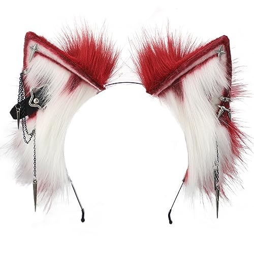 Kidukso Katze Ohren Kopfbedeckung Tier Ohren Kopfschmuck Metall Punk Stirnband Coole Katzenohren Haarband Halloween Cosplay Kopfbedeckung Anime Requisiten für Erwachsene Frauen Männer, Burgunderrot von Kidukso