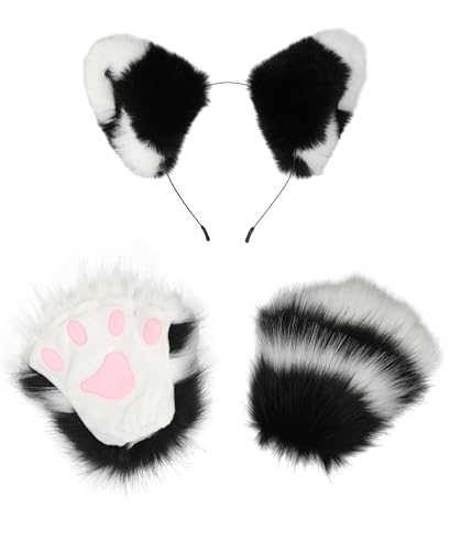 Kidukso Tier Pfoten Handschuhe Set Mit Tierohr Kopfbedeckung - Fuchs, Wolf, Bär, Katze Krallen Fingerlose Pelzige Handschuhe - Karneval Halloween Cosplay Verkleidung Requisiten, Schwarz von Kidukso