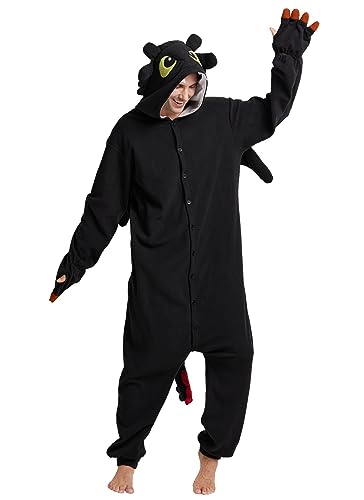 Kidukso Unisex Erwachsene Drachen Onesie Pyjamas Niedliche Tier Nachtwäsche Drache Kostüm Halloween Weihnachten Party Kostüme für Frauen Männer, Schwarz L von Kidukso