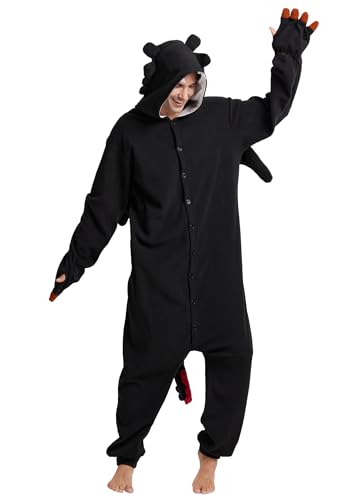Kidukso Unisex Erwachsene Drachen Onesie Pyjamas Niedliche Tier Nachtwäsche Drache Kostüm Halloween Weihnachten Party Kostüme für Frauen Männer, Schwarz XXL von Kidukso