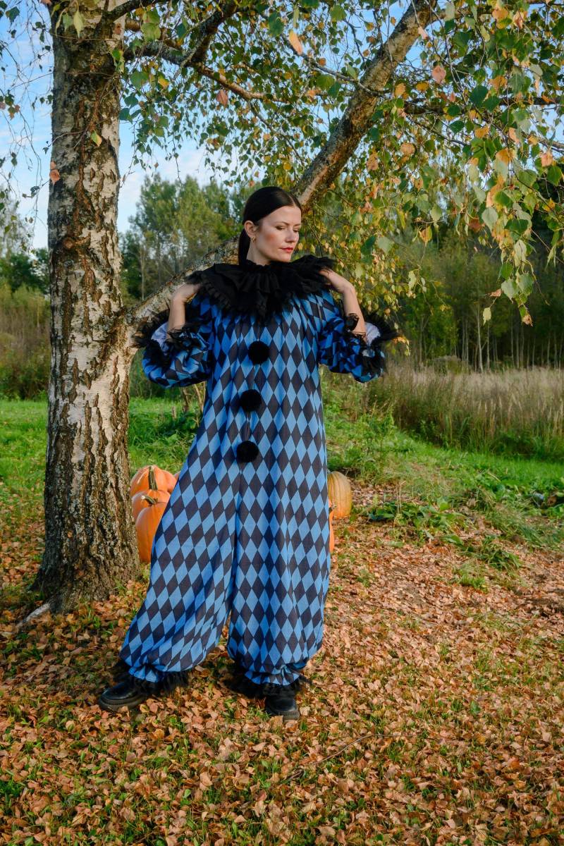 Königliches Clown Kostüm Erwachsene Unisex Vintage Aqua Blau Und Schwarz Harlekin Zirkus Halloween Cosplay Overall Geburtstagsparty von KidzAndCostumes