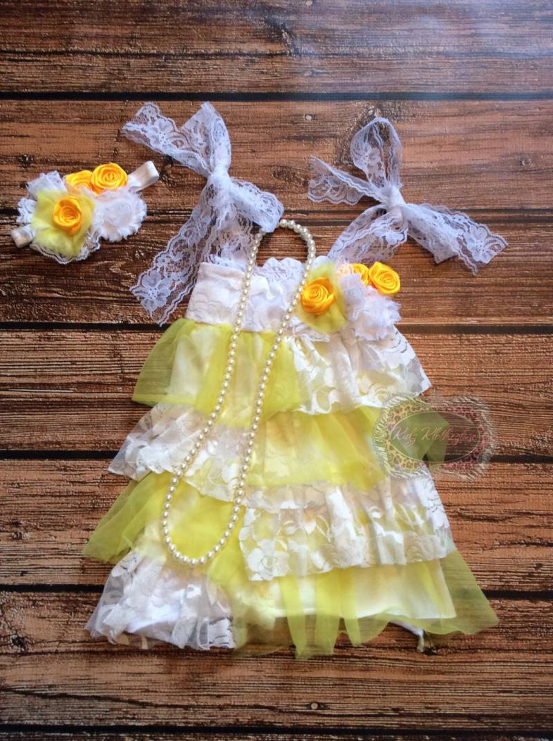 Gelbes Spitzenkleid Tüll Schließt Perlenkette & Headban Kuchen-Smash-Outfit 1. Geburtstag-Outfit Ostern von KidzKlothezline