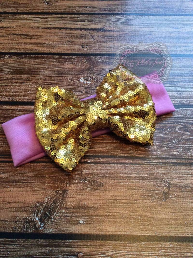 Pailletten Stirnband Kopf Wickeln, Breites Pink & Gold Turban Baby Valentinstag von KidzKlothezline