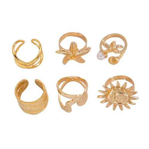 KieTeiiK 6pieces Verstellbare Unregelmäßige Sonnenblumen Sternenfische Offene Ringe Für Paare Gold Und Silber Farbe Mode Schmuck Verstellbarer Fingerring von KieTeiiK