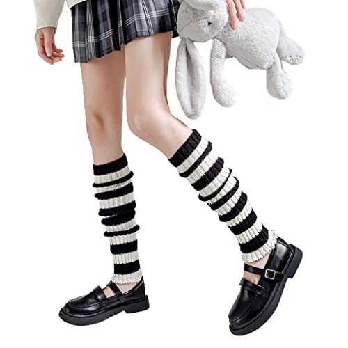 KieTeiiK Beinstulpen, japanische Damen-Beinstulpen, Goth-Punk, Schwarz / Weiß gestreift, Stiefelüberzug, gerippter Strick, gerüschter Saum, Studentensocken, Weiß/Schwarz, 40cm von KieTeiiK