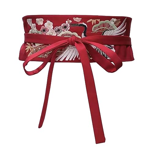 KieTeiiK Gürtel, Vintage Hanfu Bund Stickerei Kranich Eleganter chinesischer Stil Gürtel mit Quasten Zubehör für Hanfu Han-Dynastie, rot, 98.43x3.94inch von KieTeiiK