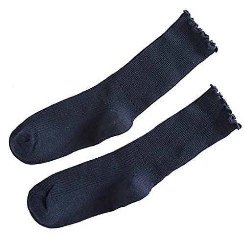 KieTeiiK Socken, niedliche Rüschen-Knöchelsocken für Damen, Baumwolle, weich, einfarbig, gerippt, mit Salatkante, niedrig geschnitten, Mittelrohr, Rüschen, Crew-Socken, marineblau, 35-40 yards von KieTeiiK