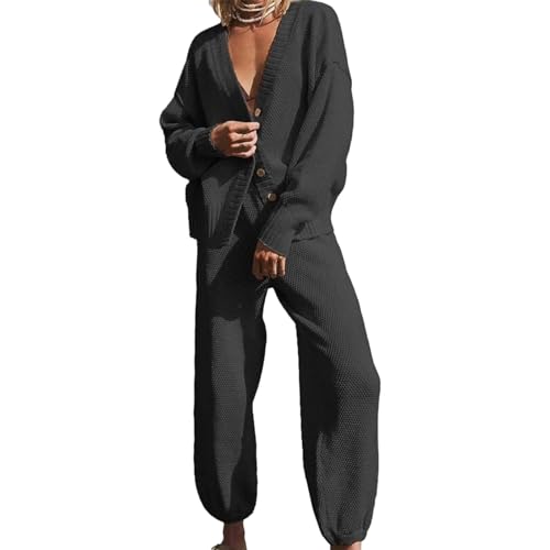 Zwei Outfits Für Damen V Ausschnitt Ärmel Strickjacke Jacken Oberteile Und Strickhose Mit Weitem Bein Loungewear Pullover Sets Strickjacke Und Hose Mit Weitem Bein von KieTeiiK