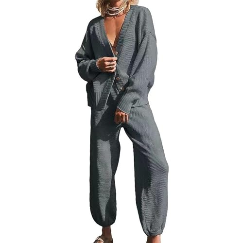 Zwei Outfits Für Damen V Ausschnitt Ärmel Strickjacke Jacken Oberteile Und Strickhose Mit Weitem Bein Loungewear Pullover Sets Strickjacke Und Hose Mit Weitem Bein von KieTeiiK