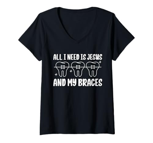Damen All I Need is Jesus and My Braces Teeth T-Shirt mit V-Ausschnitt Damen All I Need is Jesus and My Braces Teeth T-Shirt mit V-Ausschnitt von Kieferorthopäde Designs Zahnspange Ideen