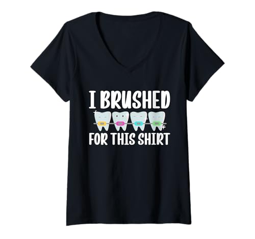 Damen I Brushed for This Shirt Braces Teeth T-Shirt mit V-Ausschnitt Damen I Brushed for This Shirt Braces Teeth T-Shirt mit V-Ausschnitt von Kieferorthopäde Designs Zahnspange Ideen