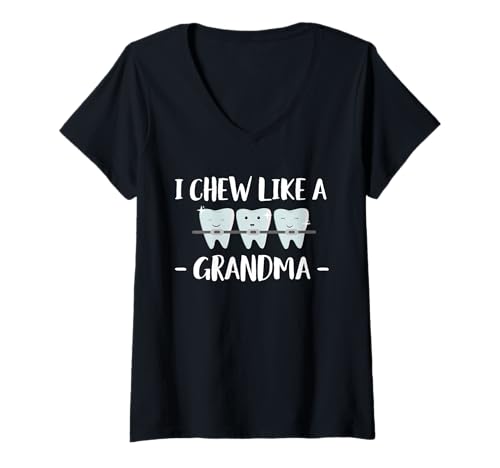 Damen I Chew Like A Grandma Braces Teeth T-Shirt mit V-Ausschnitt Damen I Chew Like A Grandma Braces Teeth T-Shirt mit V-Ausschnitt von Kieferorthopäde Designs Zahnspange Ideen