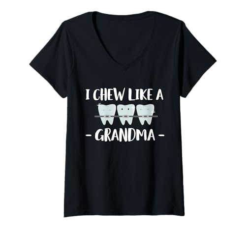 Damen I Chew Like A Grandma Braces Teeth T-Shirt mit V-Ausschnitt Damen I Chew Like A Grandma Braces Teeth T-Shirt mit V-Ausschnitt von Kieferorthopäde Designs Zahnspange Ideen