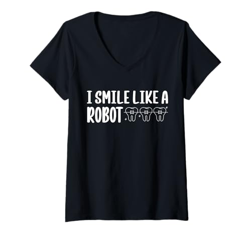 Damen I Smile Like A Robot Braces Teeth T-Shirt mit V-Ausschnitt Damen I Smile Like A Robot Braces Teeth T-Shirt mit V-Ausschnitt von Kieferorthopäde Designs Zahnspange Ideen