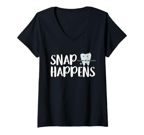Damen Snap Happens Braces Teeth T-Shirt mit V-Ausschnitt Damen Snap Happens Braces Teeth T-Shirt mit V-Ausschnitt von Kieferorthopäde Designs Zahnspange Ideen
