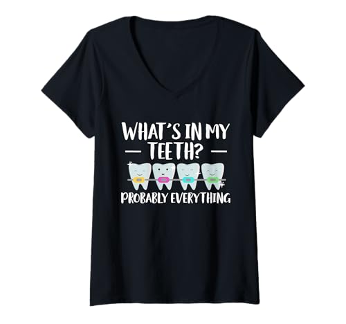 Damen Whats In My Teeth? Braces Teeth T-Shirt mit V-Ausschnitt Damen Whats In My Teeth? Braces Teeth T-Shirt mit V-Ausschnitt von Kieferorthopäde Designs Zahnspange Ideen