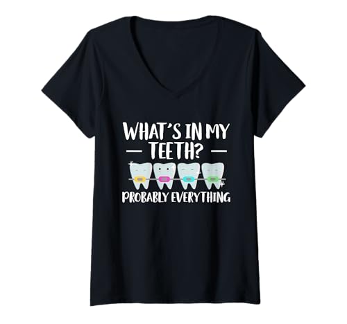 Damen Whats In My Teeth? Braces Teeth T-Shirt mit V-Ausschnitt Damen Whats In My Teeth? Braces Teeth T-Shirt mit V-Ausschnitt von Kieferorthopäde Designs Zahnspange Ideen