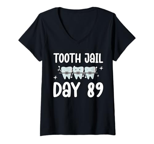 Damen Tooth Jail Day 89 Braces Orthodontist Dentist T-Shirt mit V-Ausschnitt von Kieferorthopäde Zahnspange Design Idee