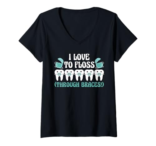 Damen I Love to Floss Braces Teeth Dentist T-Shirt mit V-Ausschnitt von Kieferorthopäde Zahnspange Designs Idee