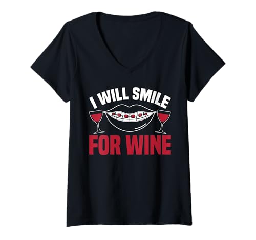 Damen I Will Smile for Wine Braces Teeth Dentist T-Shirt mit V-Ausschnitt Damen I Will Smile for Wine Braces Teeth Dentist T-Shirt mit V-Ausschnitt von Kieferorthopäde Zahnspange Designs Idee