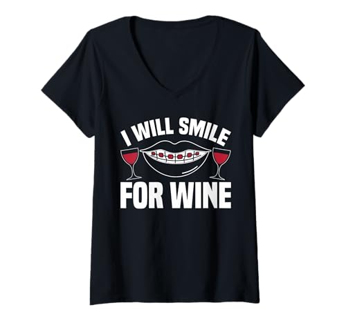 Damen I Will Smile for Wine Braces Teeth Dentist T-Shirt mit V-Ausschnitt Damen I Will Smile for Wine Braces Teeth Dentist T-Shirt mit V-Ausschnitt von Kieferorthopäde Zahnspange Designs Idee