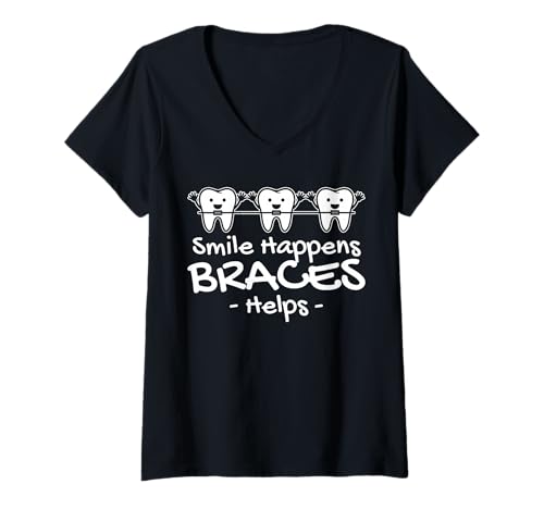 Damen Smile Happens Braces Helps Teeth Dentist T-Shirt mit V-Ausschnitt Damen Smile Happens Braces Helps Teeth Dentist T-Shirt mit V-Ausschnitt von Kieferorthopäde Zahnspange Designs Idee