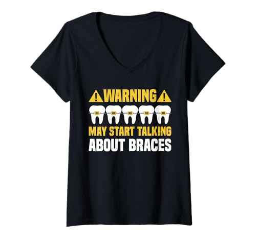 Damen Warning May Start Talking About Braces Teeth T-Shirt mit V-Ausschnitt Damen Warning May Start Talking About Braces Teeth T-Shirt mit V-Ausschnitt von Kieferorthopäde Zahnspange Designs Idee