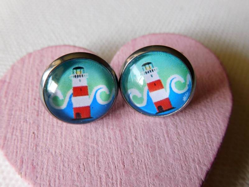 12 Mm Edelstahl Ohrstecker Mit Leuchtturm Motiv, 304 Ohrstecker, Cabochon Maritim von KielerArt