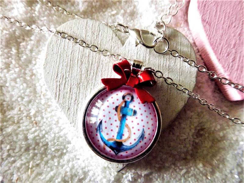 Anker Cabochon Kette Versilbert, Halskette Mit Schleife, Rockabilly Und Vintage Look, Dots von KielerArt