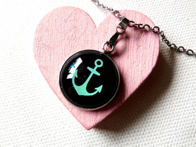 Anker Kette, 304 Edelstahl, Cabochon 45 cm, Maritim Schmuck, Schwarz Mintgruen, Cabochonkette von KielerArt