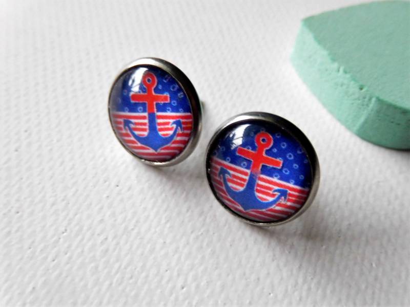Anker Ohrstecker 12 Mm in 304 Edelstahl, Blau Weiß Rot, Maritime Cabochon Anker Ohrstecker 12 Mm in 304 Edelstahl, Blau Weiß Rot, Maritime Cabochon von KielerArt