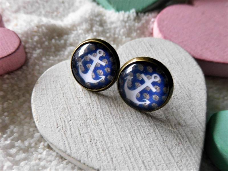 Bronze Cabochon Ohrstecker Mit 12 Mm Ankermotiv in Blau Weiß von KielerArt