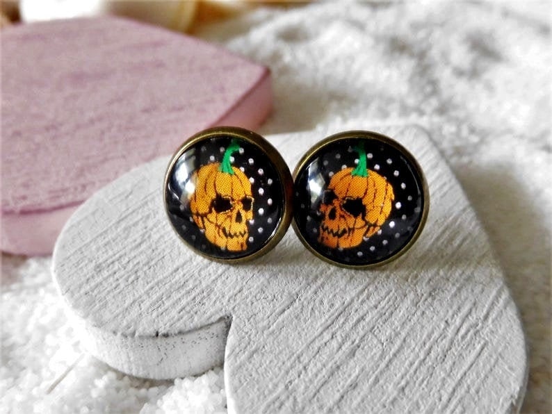 Bronze Cabochon Ohrstecker Mit Kuerbis Motiv, 12 Mm Bronze, Halloween Ohrstecker, Herbst von KielerArt