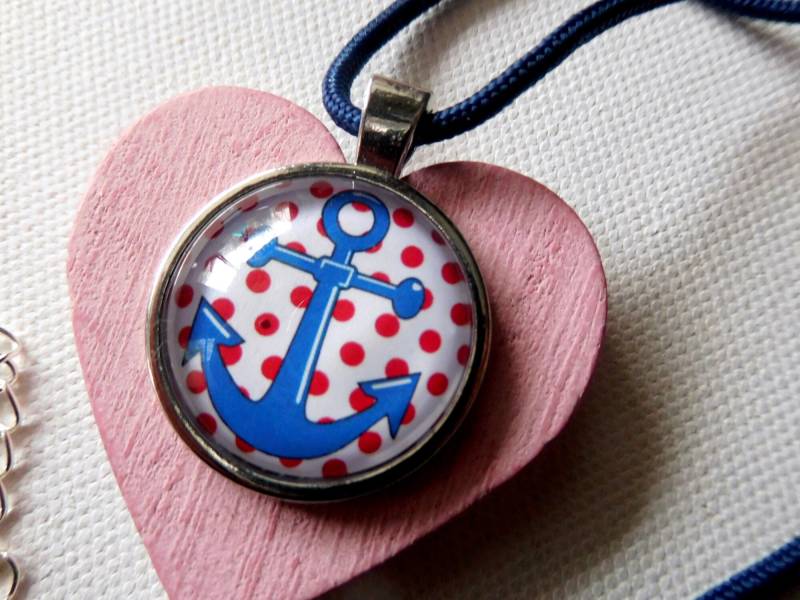 Cabochon Anker Kette 48 cm, Mit Dots, An Dunkelblauer Segeltau Bandkette Für Den Perfekten Maritim Look von KielerArt