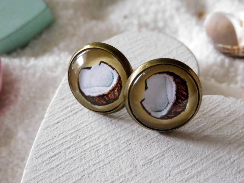 Cabochon Ohrstecker, 12 Mm Bronzefarben, Mit Kokosnuss Motiv von KielerArt