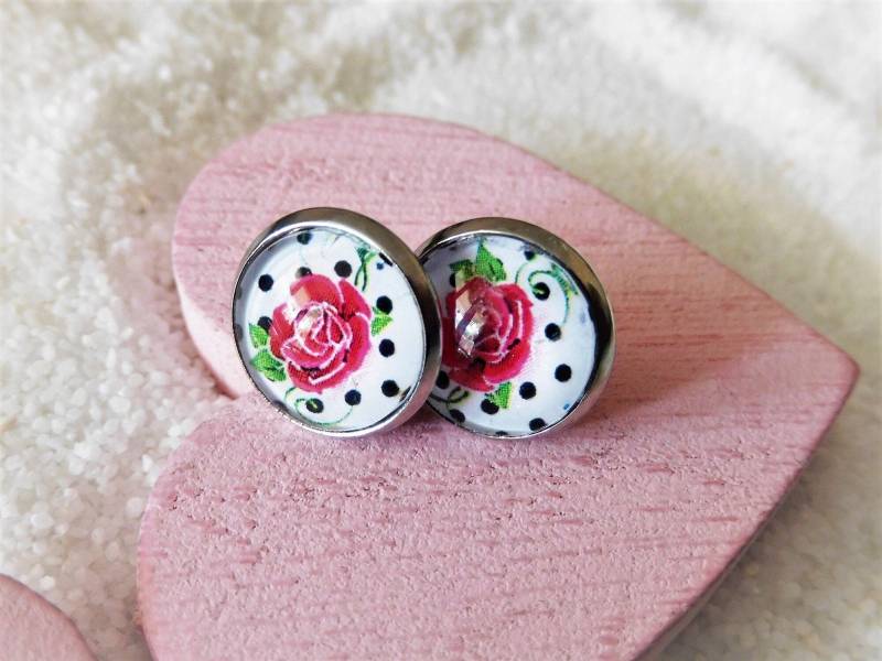 Cabochon Ohrstecker 12 Mm Mit Rosen Motiv, 304 Edelstahl Ohrstecker, Rockabilly Ohrringe, Ohrringe Pünktchen Cabochon Ohrstecker 12 Mm Mit Rosen Motiv, 304 Edelstahl Ohrstecker, Rockabilly Ohrringe, Ohrringe Pünktchen von KielerArt
