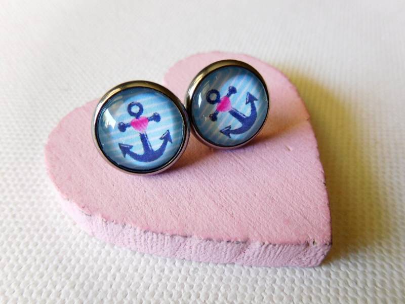 Hochwertige Anker Ohrstecker 12 Mm, Mit Herz, in Blau Weiß Gestreift, Aus 304 Edelstahl, Ein Gruß Vom Meer, Schenken Herz von KielerArt