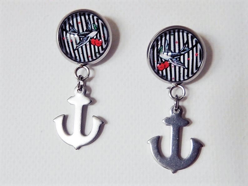 Ohrstecker, 12 Mm, 304 Edelstahl, Schwalben, Anker, Cabochon Ohrstecker von KielerArt