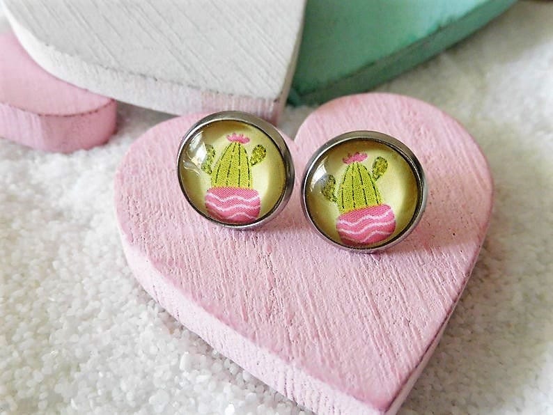 Ohrstecker 12 Mm, Kaktus, 304 Edelstahl Ohrstecker, Cabochon Ohrringe Kaktus von KielerArt