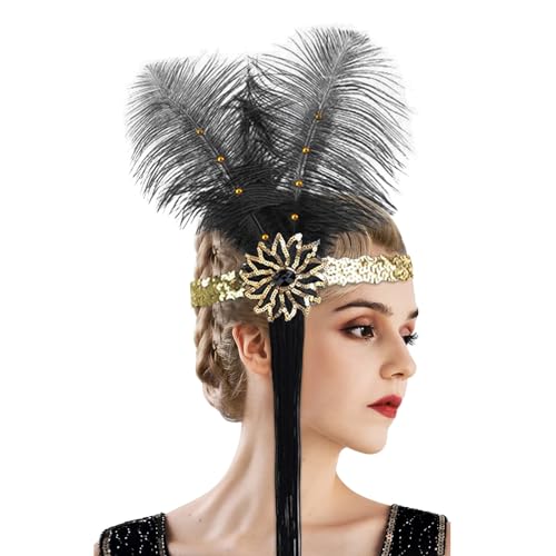 1920er Feder Stirnband, Schwarz 1920er Kopfbedeckung Kopfbedeckung Mode Bling Strass Haarschmuck für Frauen Mädchen Abschlussball Party Dekoration Vintage Party Festival Haarschmuck (Gold, One Size) von Kielsjajd