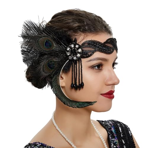 1920er Flapper-Stirnband, Feder-Kristall-Stirnband 20er-Jahre-Kopfschmuck-Zubehör für Frauen -Kostüm-, Cocktailparty-Haar-Accessoires für Frauen Haarschmuck Federn-Haarspange (Black, One Size) von Kielsjajd