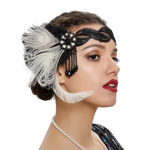 1920er Flapper-Stirnband, Feder-Kristall-Stirnband 20er-Jahre-Kopfschmuck-Zubehör für Frauen -Kostüm-, Cocktailparty-Haar-Accessoires für Frauen Haarschmuck Federn-Haarspange (White, One Size) von Kielsjajd