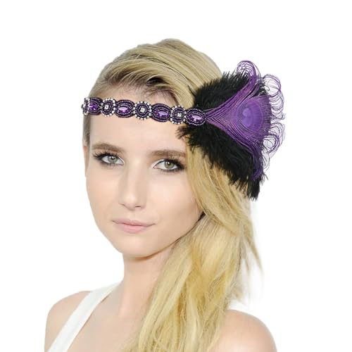 1920s Stirnband Damen Kostüm Accessoires 20er Jahre Flapper Feder Haarband, Damen 1920s Stirnband Feder 21er Jahre Stil Flapper Haarband Damen Kostüm Accessoires (Purple, One Size) von Kielsjajd